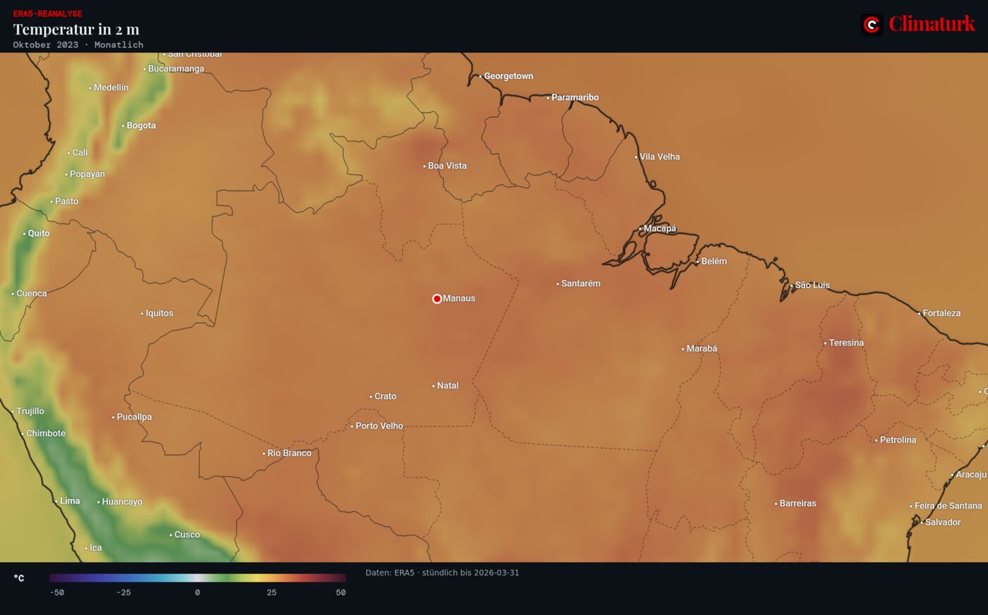 ERA5-Monatsmittel der Temperatur in 2 m über dem nördlichen Südamerika, Oktober 2023