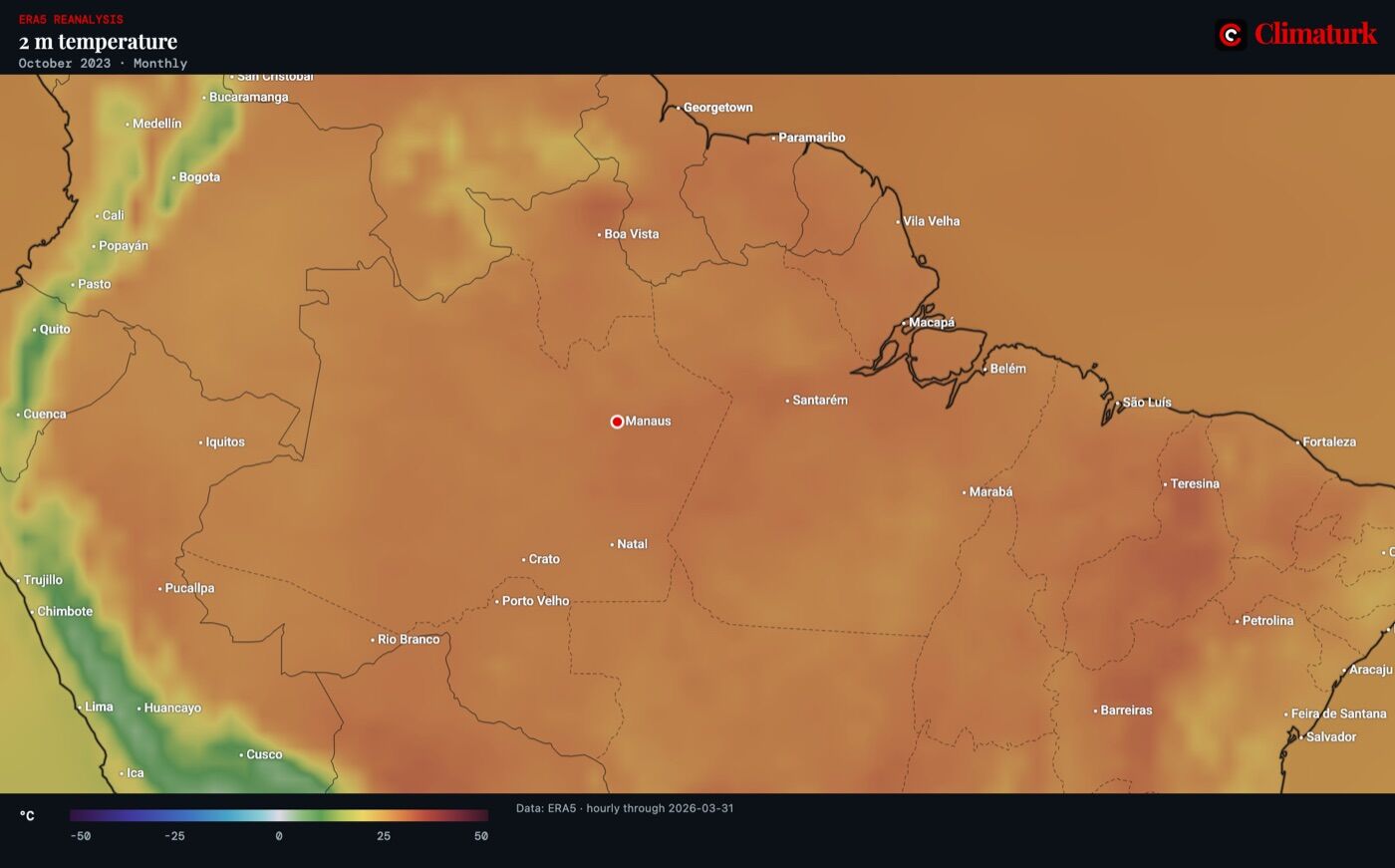 ERA5 mean 2 m temperature over northern South America, October 2023
