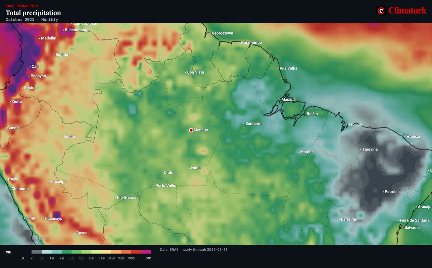 ERA5 precipitation totals over northern South America, October 2023