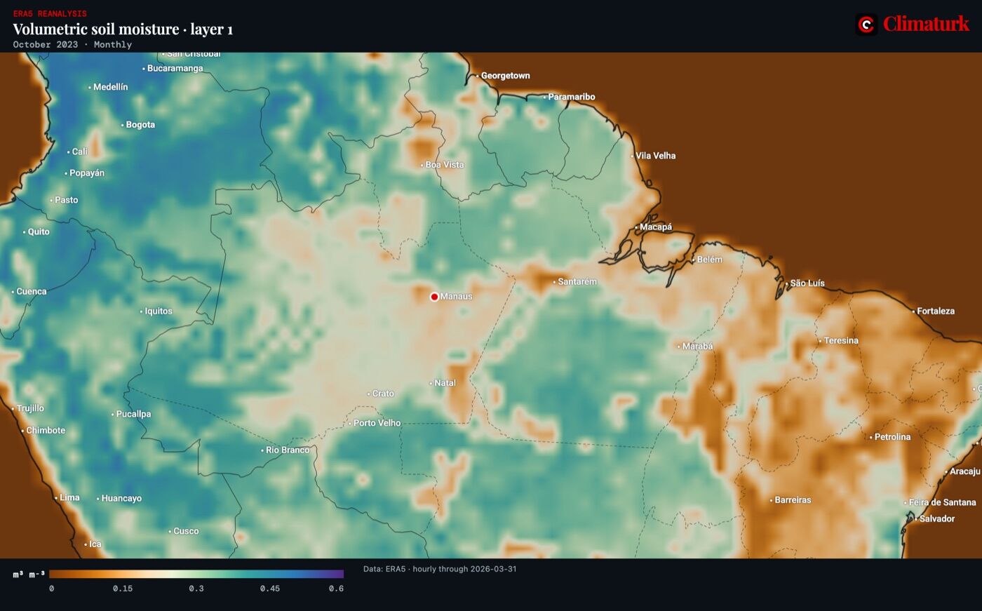 ERA5 volumetric soil moisture of the top layer over northern South America, October 2023