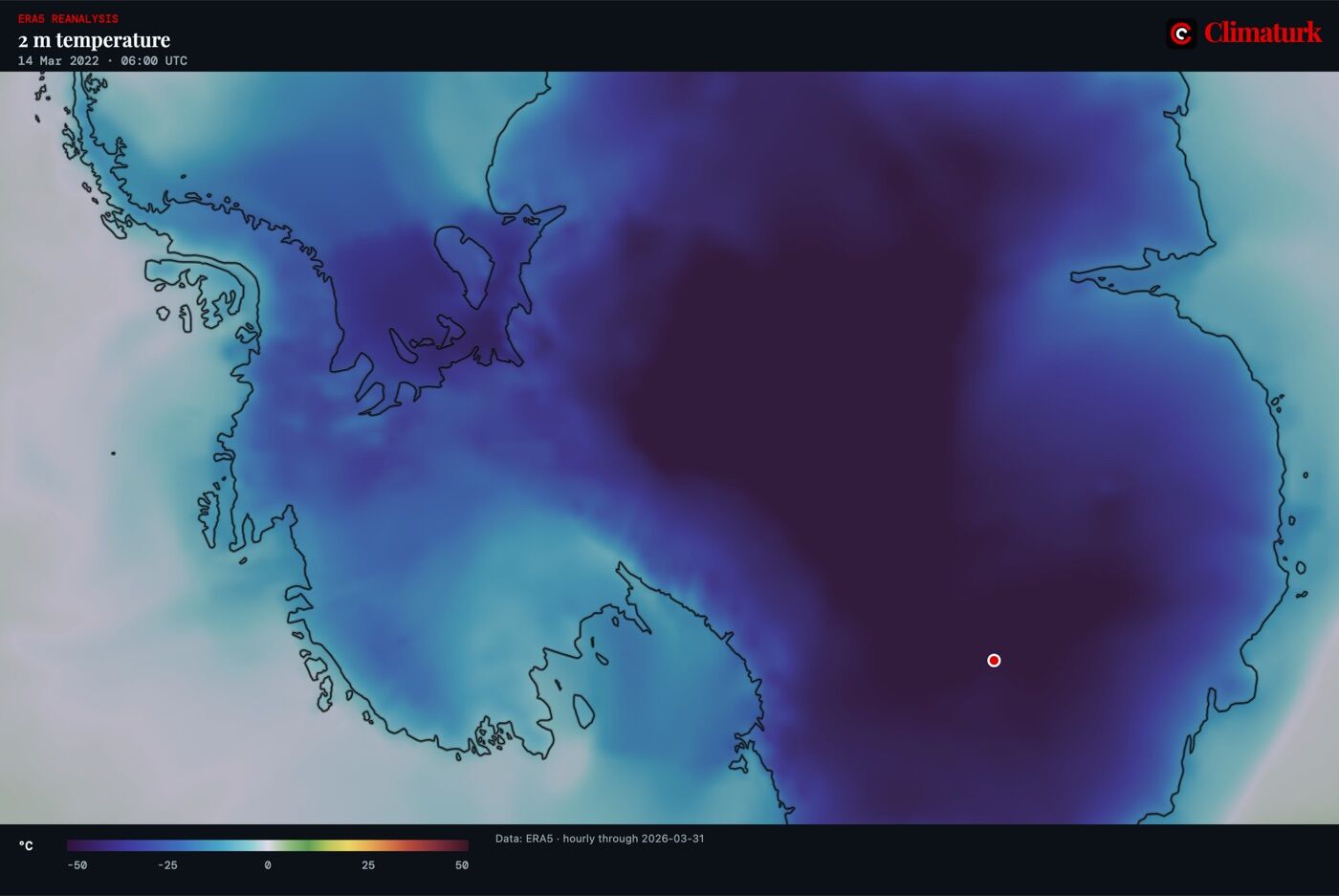 ERA5 2 m temperature over Antarctica, 14 March 2022 06 UTC