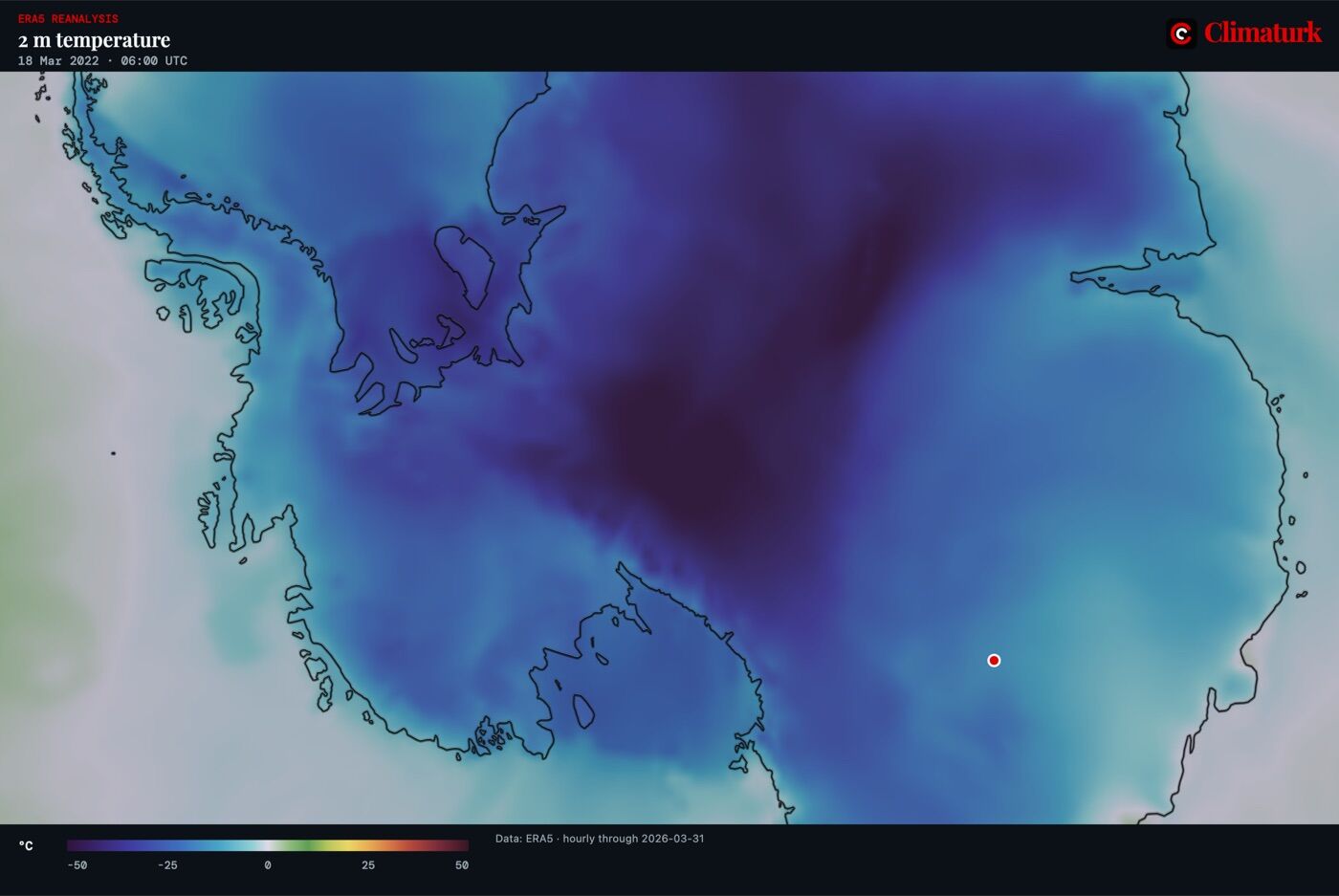 Polar map of Antarctica: ERA5 2 m temperature on 18 March 2022 at 06 UTC, with much milder air than usual over the East Antarctic plateau around Concordia, marked in red.