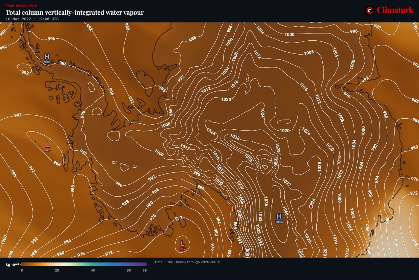ERA5 total column water vapour and sea-level pressure over Antarctica, 16 March 2022 12 UTC