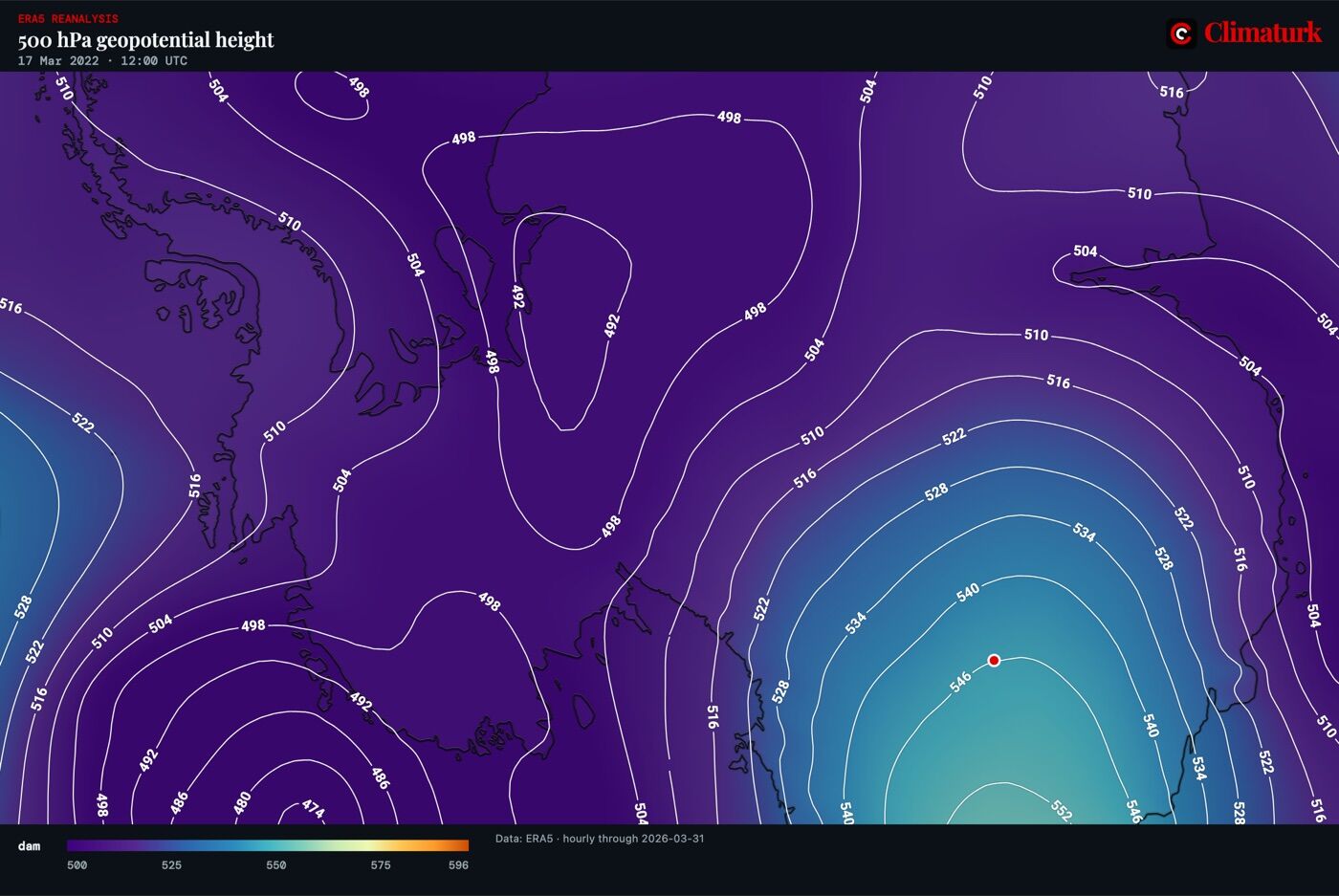 ERA5 500 hPa geopotential height over Antarctica, 17 March 2022 12 UTC
