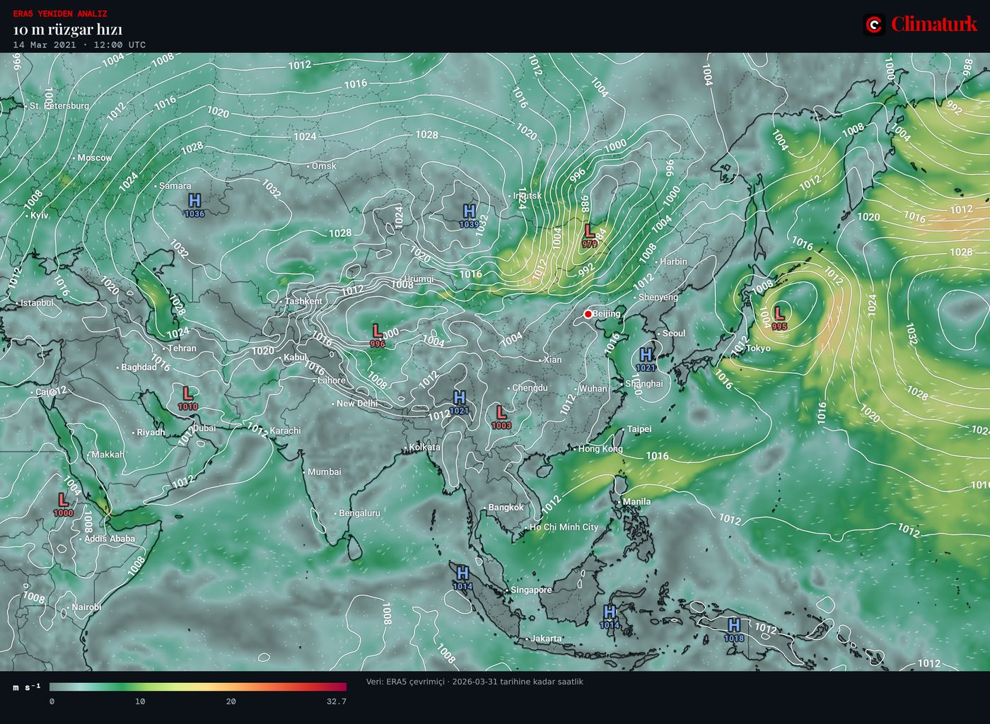 ERA5 10 m rüzgâr hızı ve deniz seviyesi basıncı, Asya, 14 Mart 2021 12 UTC