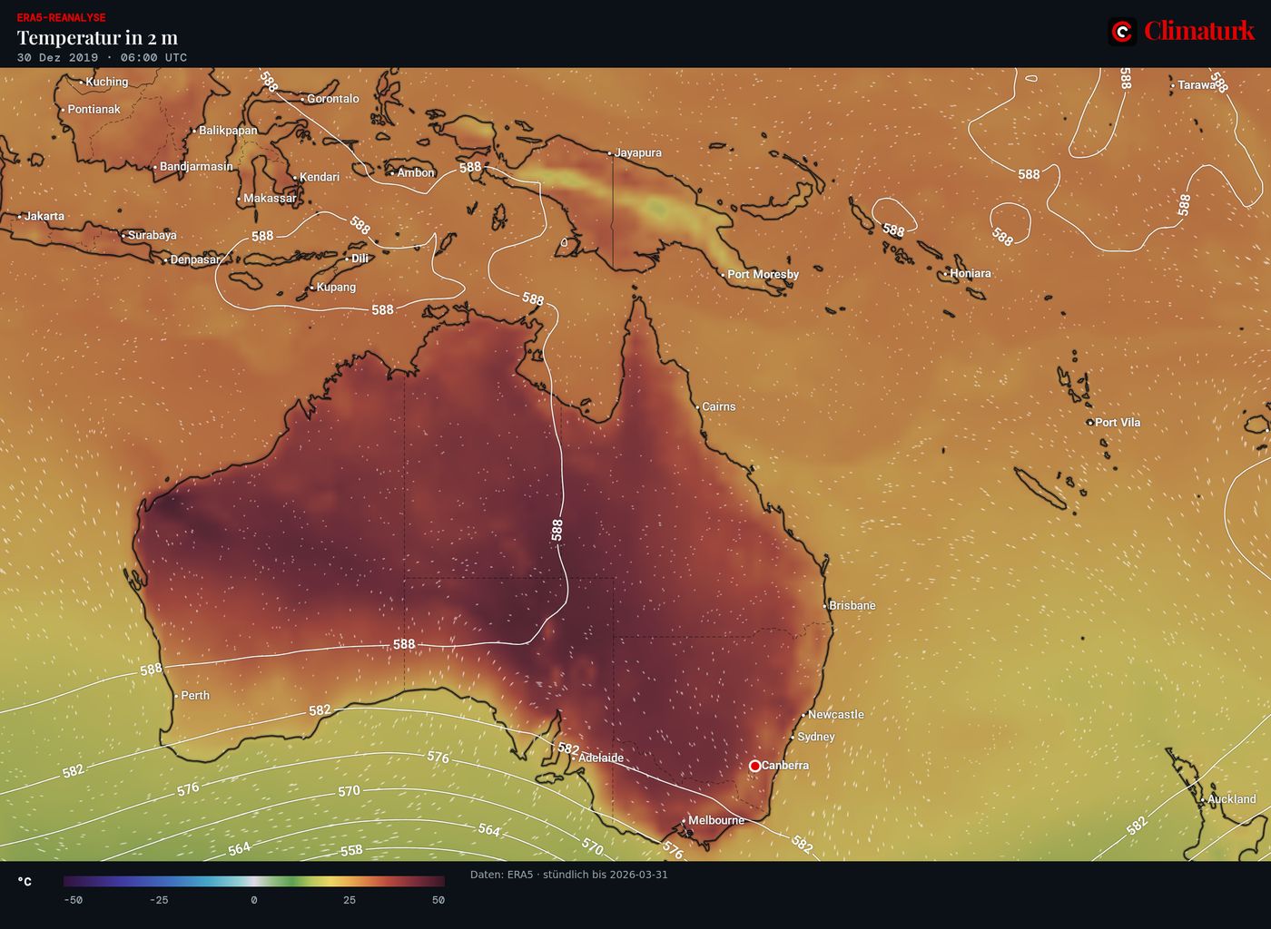 ERA5-Temperatur in 2 m mit Wind in 10 m über Australien, 30. Dezember 2019 06 UTC