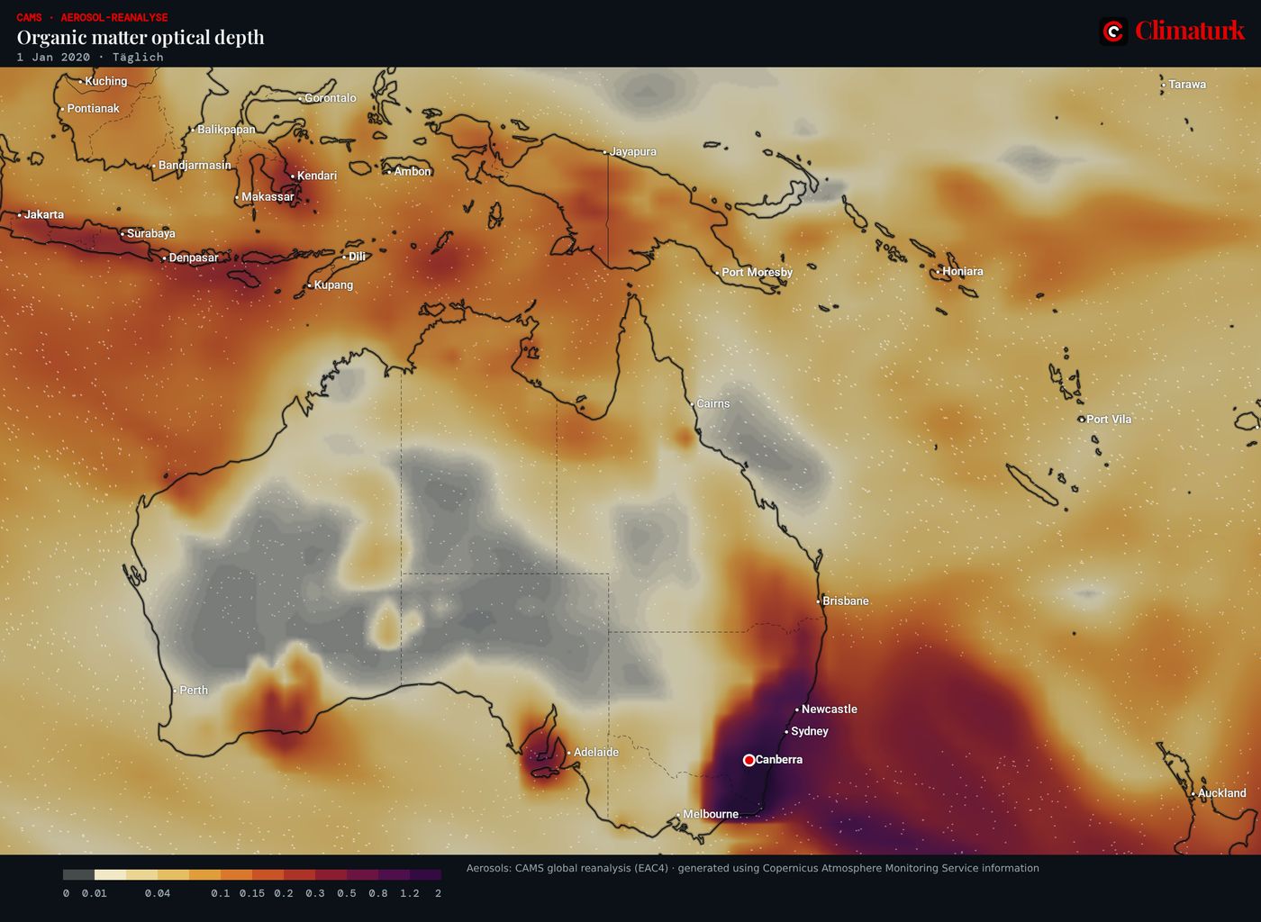 CAMS optische Dicke organischer Partikel über Australien, 1. Januar 2020