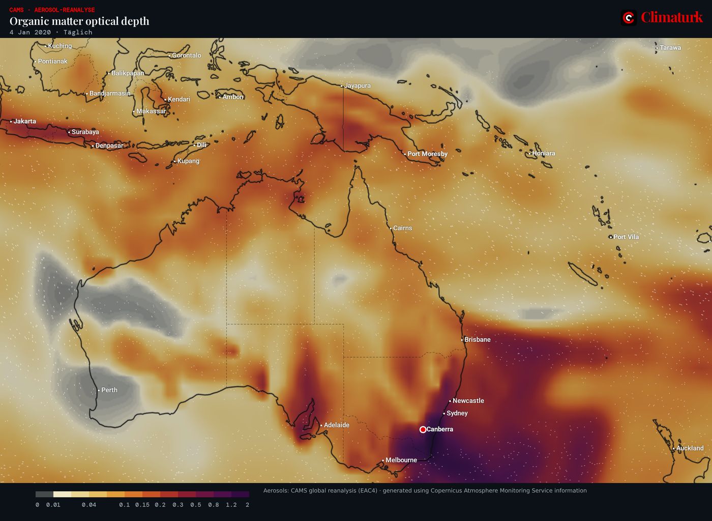 Karte von Australien und Neuseeland: CAMS optische Dicke organischer Partikel, also Rauch, am 4. Januar 2020, dicht über Südostaustralien und ostwärts über die Tasmansee ziehend.