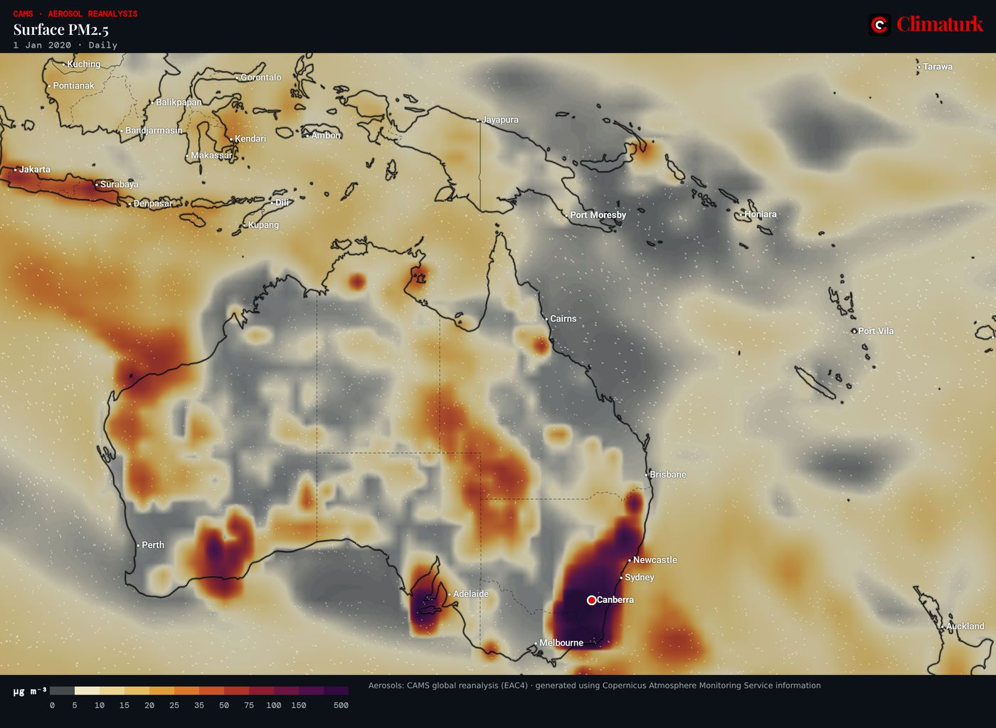 CAMS surface PM2.5 over Australia, 1 January 2020