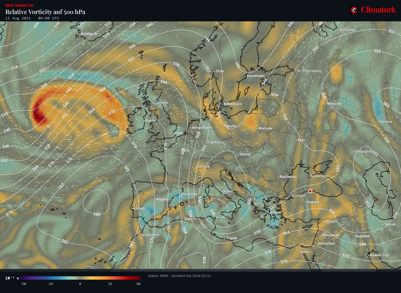 ERA5 relative Vorticity und Geopotential in 500 hPa über Europa, 11. August 2021 06 UTC