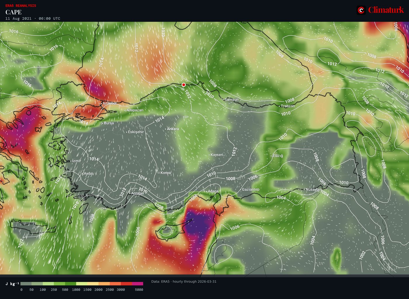 ERA5 CAPE with sea-level pressure and 850 hPa wind over Türkiye, 11 August 2021 06 UTC
