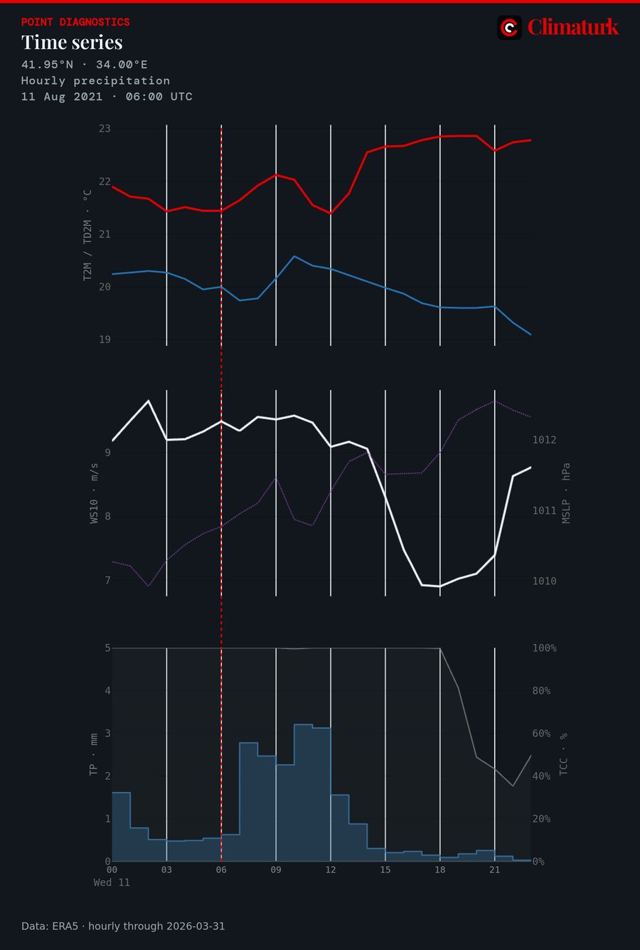 Hourly ERA5 time series at Bozkurt, 11 August 2021