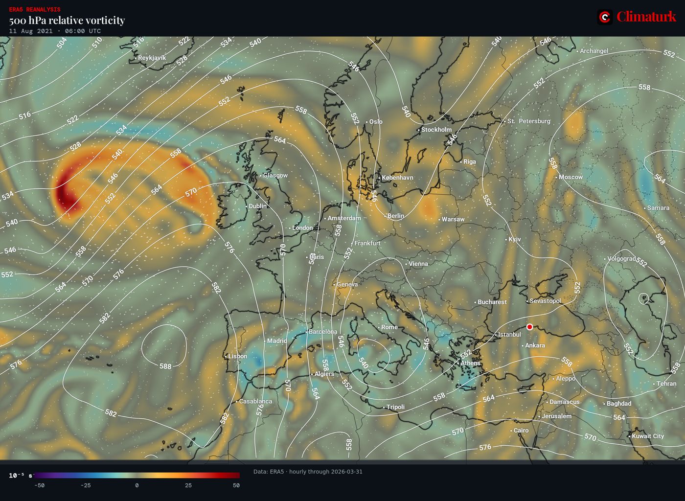ERA5 500 hPa relative vorticity and geopotential height over Europe, 11 August 2021 06 UTC