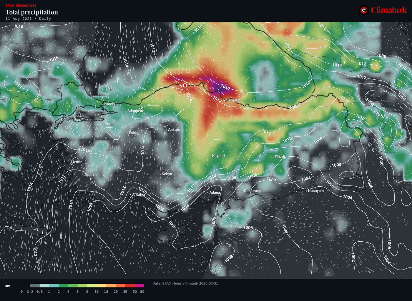 Map of Türkiye: ERA5 daily precipitation on 11 August 2021, heaviest along the western Black Sea coast between Bartın and Sinop.