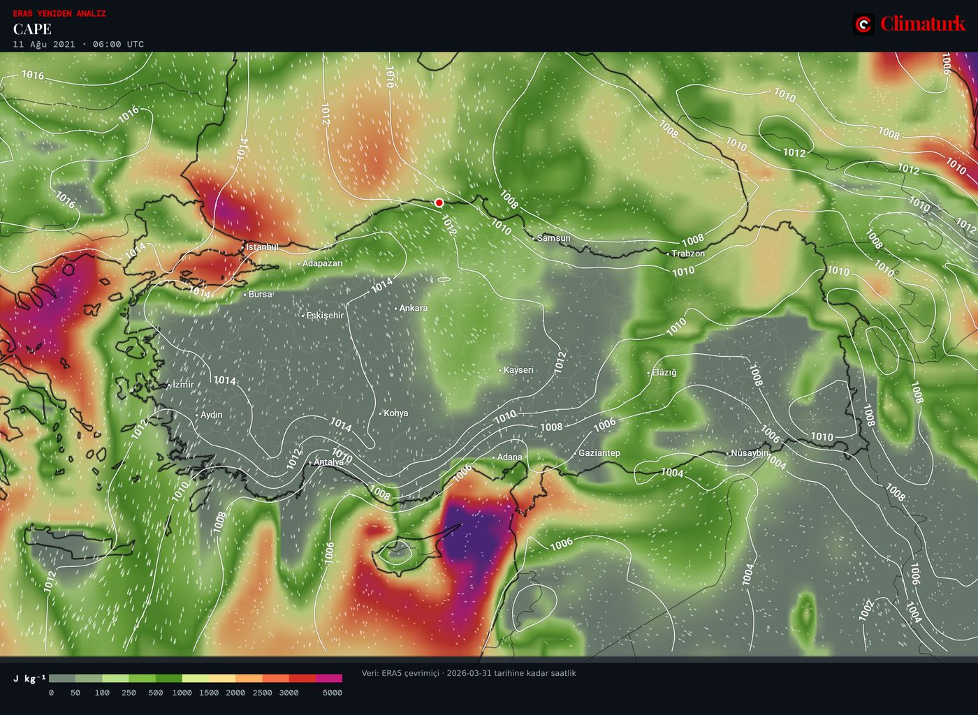 ERA5 CAPE, deniz seviyesi basıncı ve 850 hPa rüzgârı, Türkiye, 11 Ağustos 2021 06 UTC