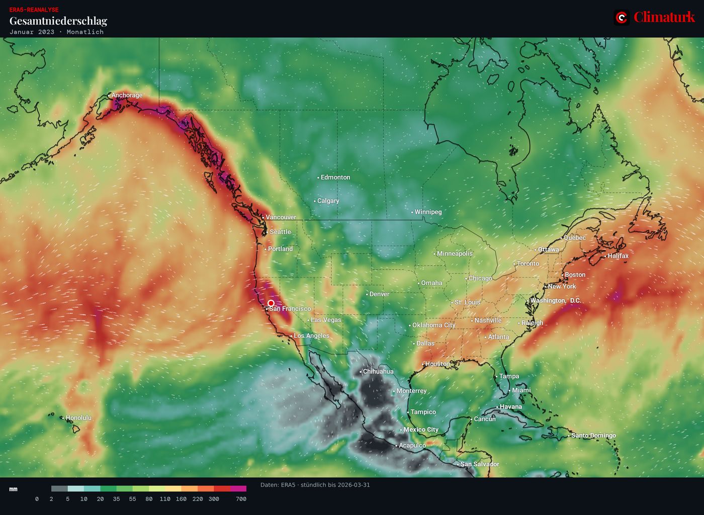 ERA5-Niederschlag über Nordamerika, Januar 2023