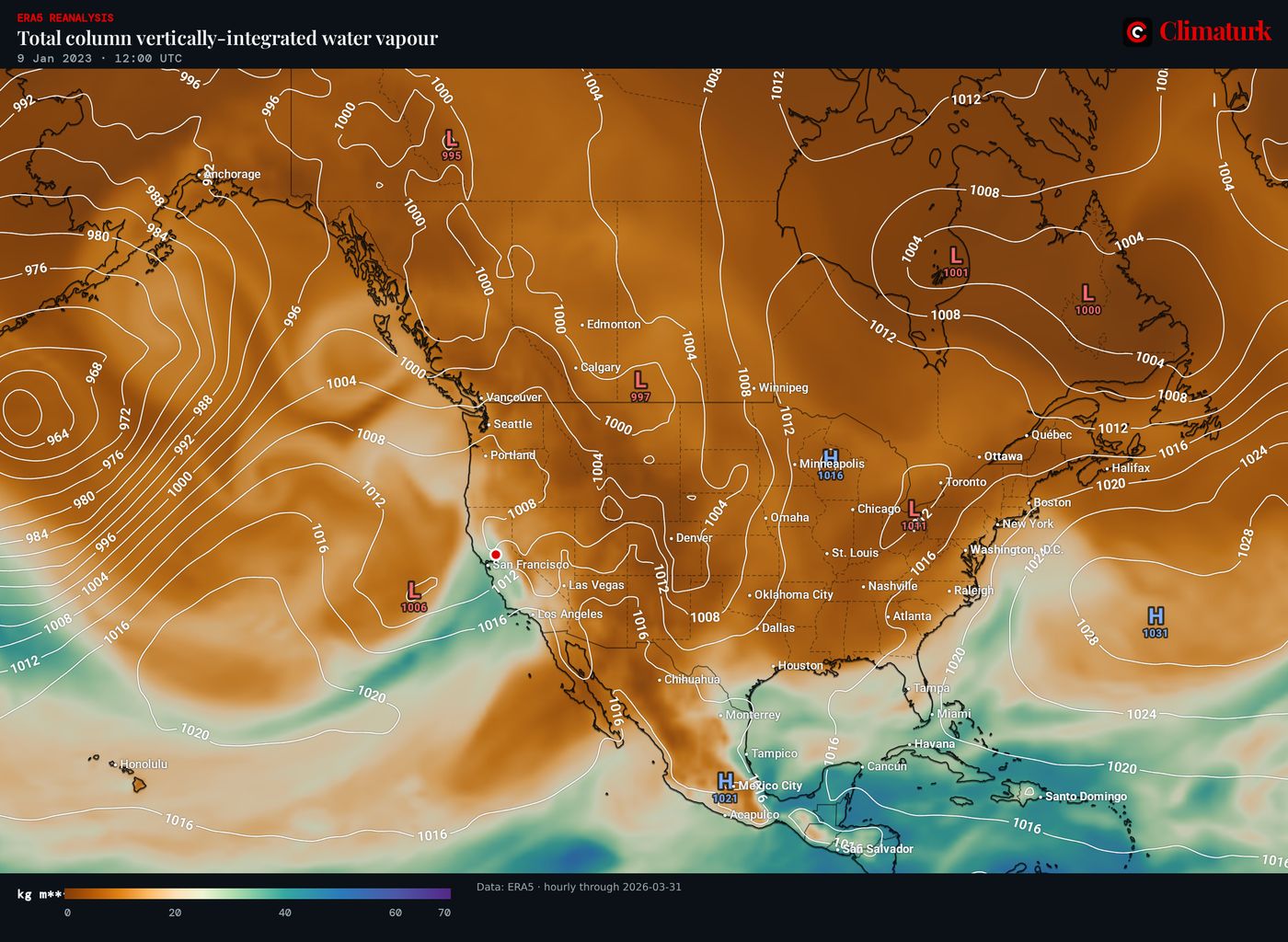ERA5 total column water vapour with sea-level pressure, 9 January 2023 12 UTC