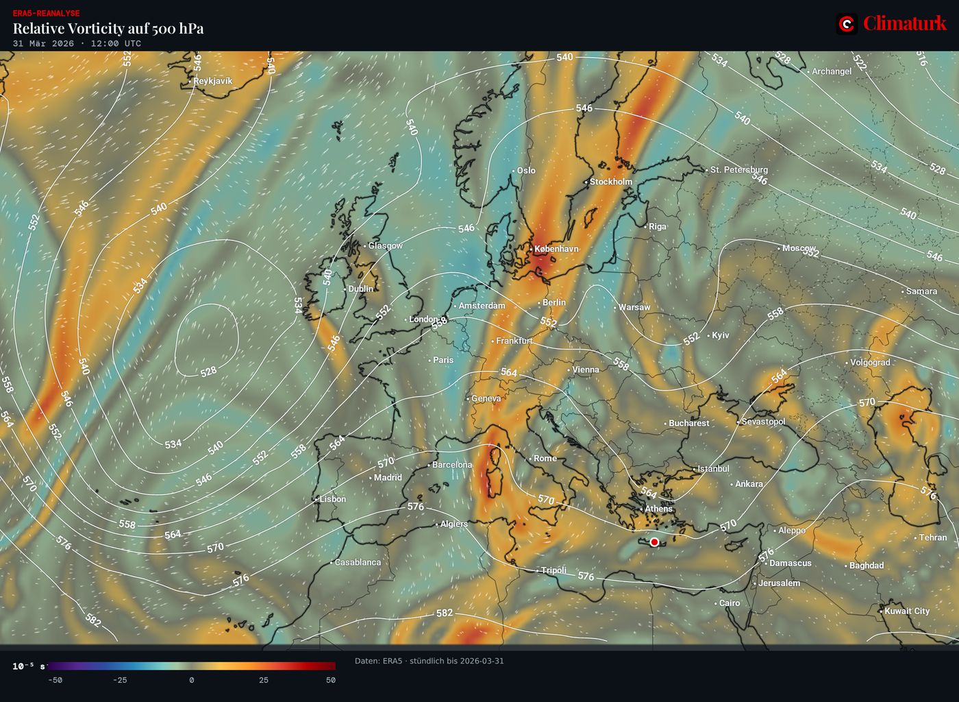 ERA5 relative Vorticity und Geopotential in 500 hPa, 31. März 2026 12 UTC