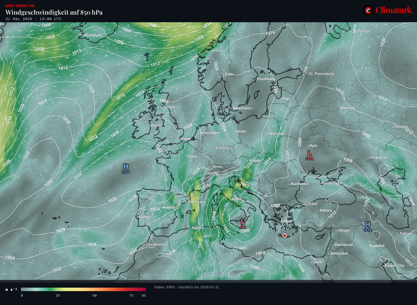 ERA5 Wind in 850 hPa mit Bodendruck, 31. März 2026 18 UTC