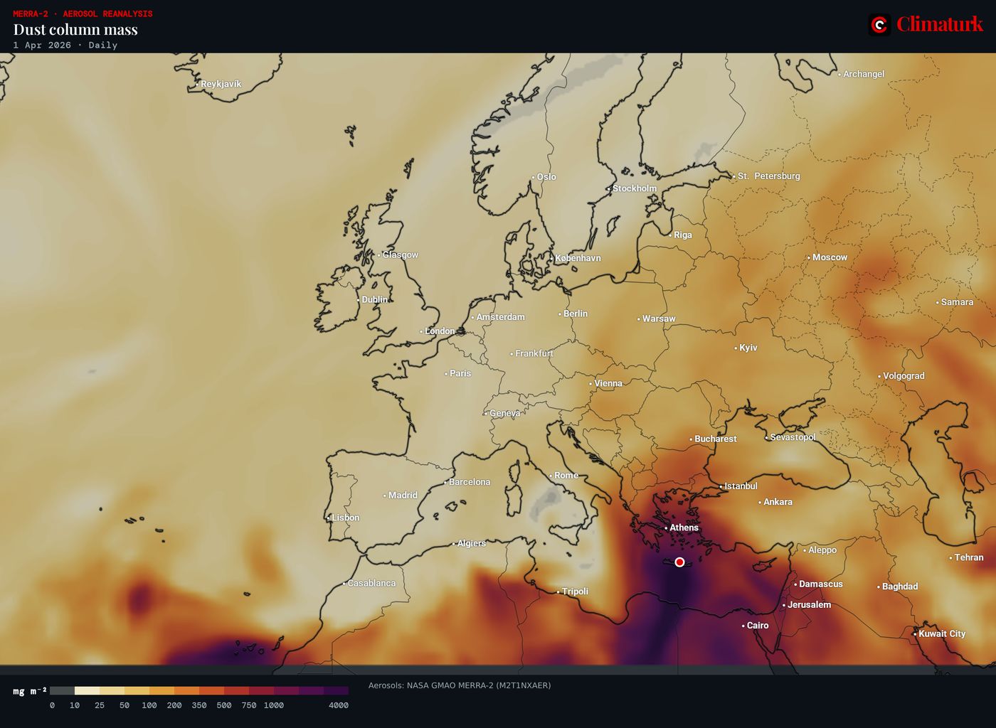 Map of Europe: dust column mass on 1 April 2026. The densest dust, above 1,500 mg per square metre, lies over Libya, Crete and the southern Aegean.
