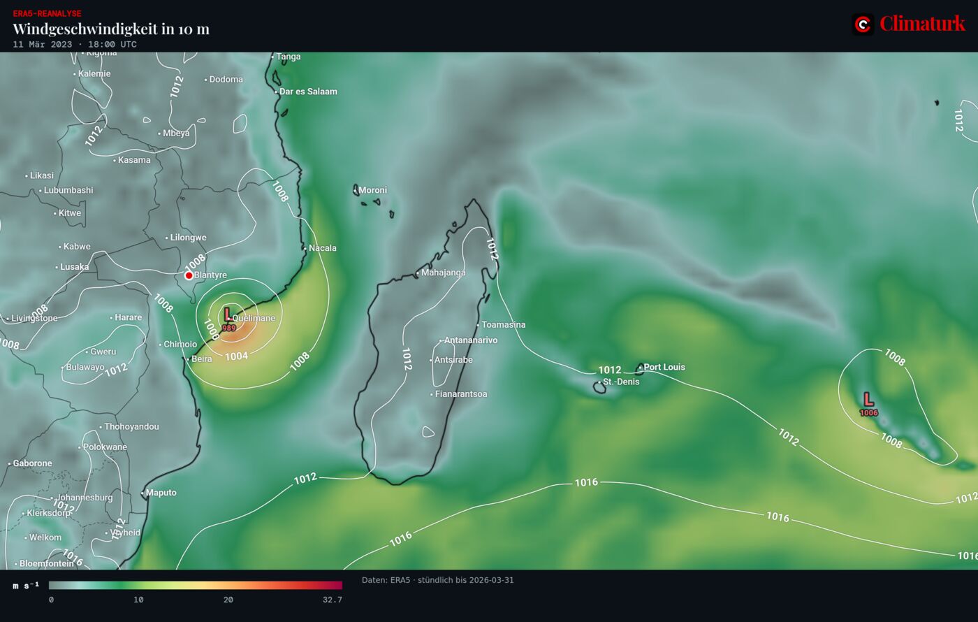 Karte des südöstlichen Afrikas und des Indischen Ozeans: ERA5-Wind in 10 m und Bodendruck am 11. März 2023 um 18 UTC, mit Freddys kompaktem Kern an der Küste Mosambiks bei Quelimane.