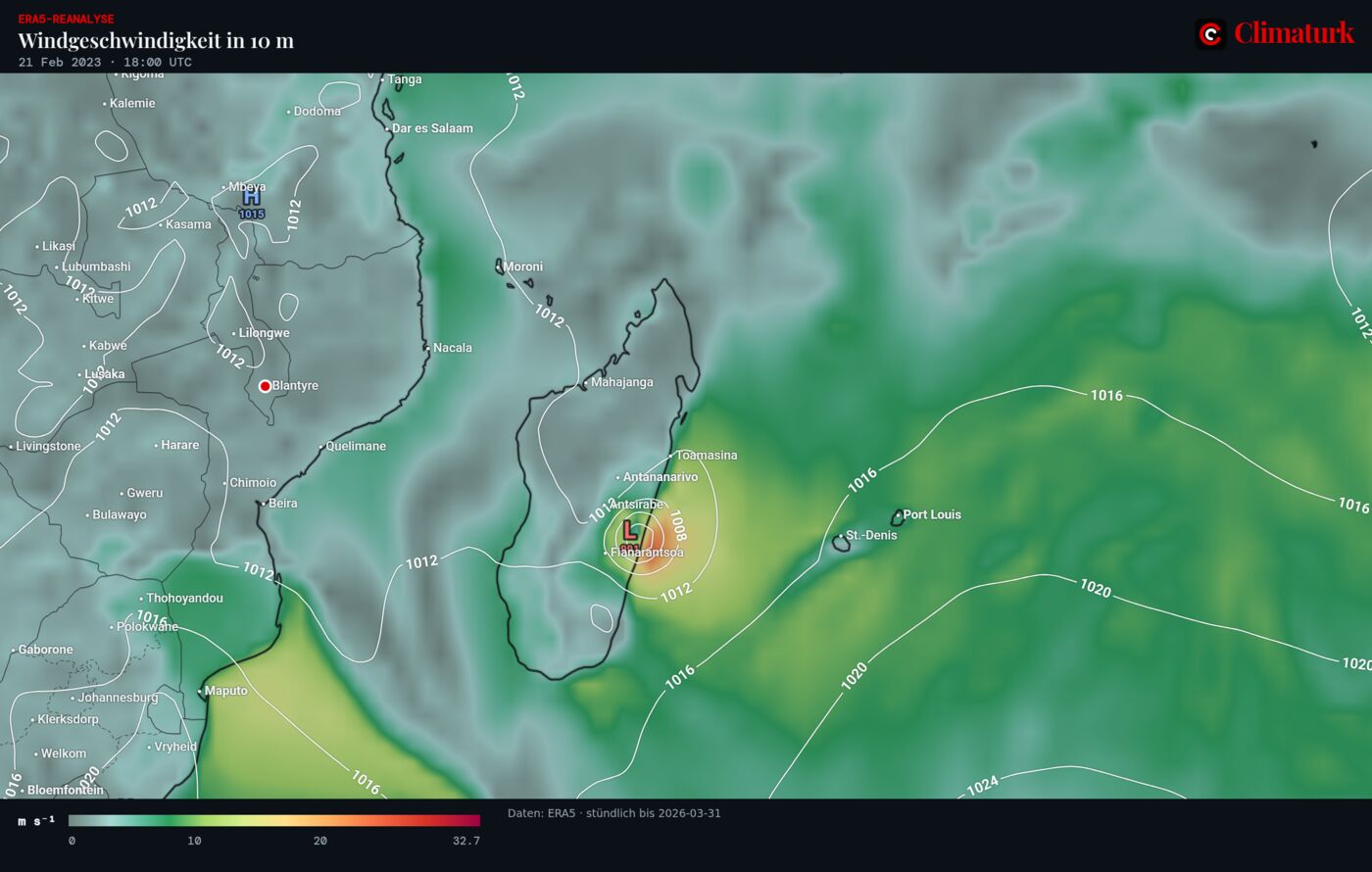 ERA5-Wind in 10 m und Bodendruck über Madagaskar, 21. Februar 2023 18 UTC