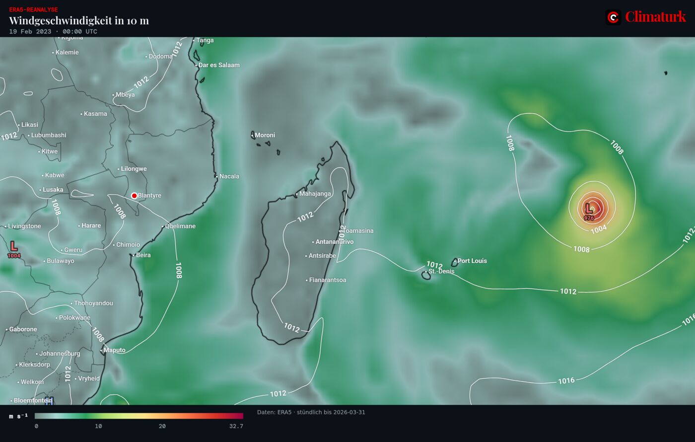 ERA5-Wind in 10 m und Bodendruck über dem südwestlichen Indischen Ozean, 19. Februar 2023 00 UTC