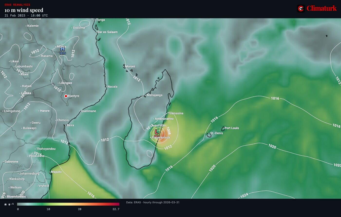 ERA5 10 m wind and sea-level pressure over Madagascar, 21 February 2023 18 UTC