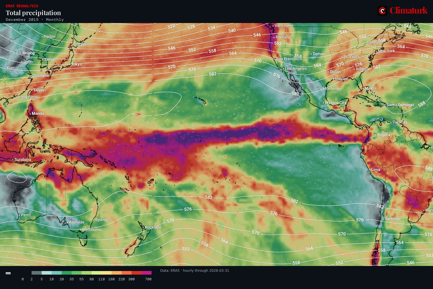 Map of the Pacific: ERA5 precipitation for December 2015, with a band of heavy rain along the equator across the central Pacific.