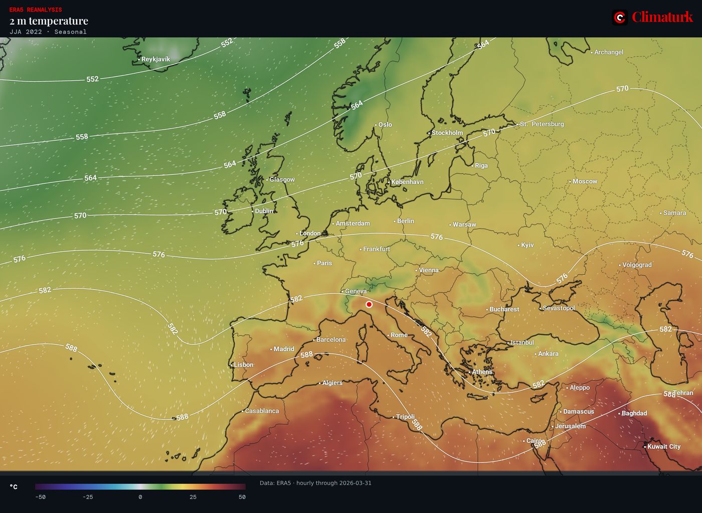 ERA5 mean 2 m temperature over Europe, June–August 2022