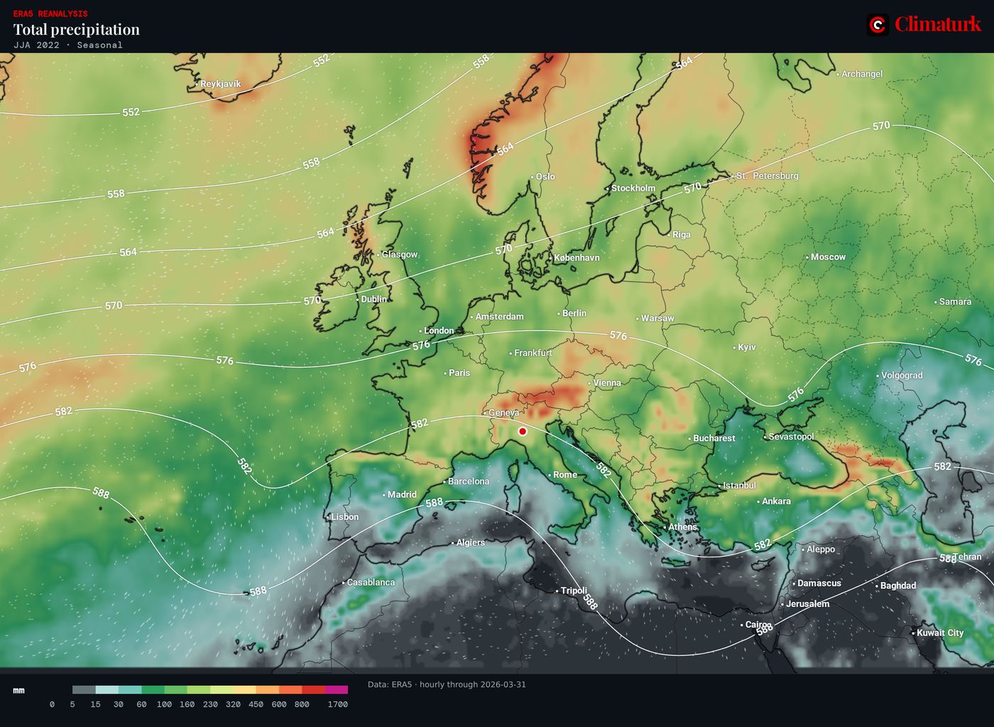 ERA5 precipitation over Europe, June–August 2022
