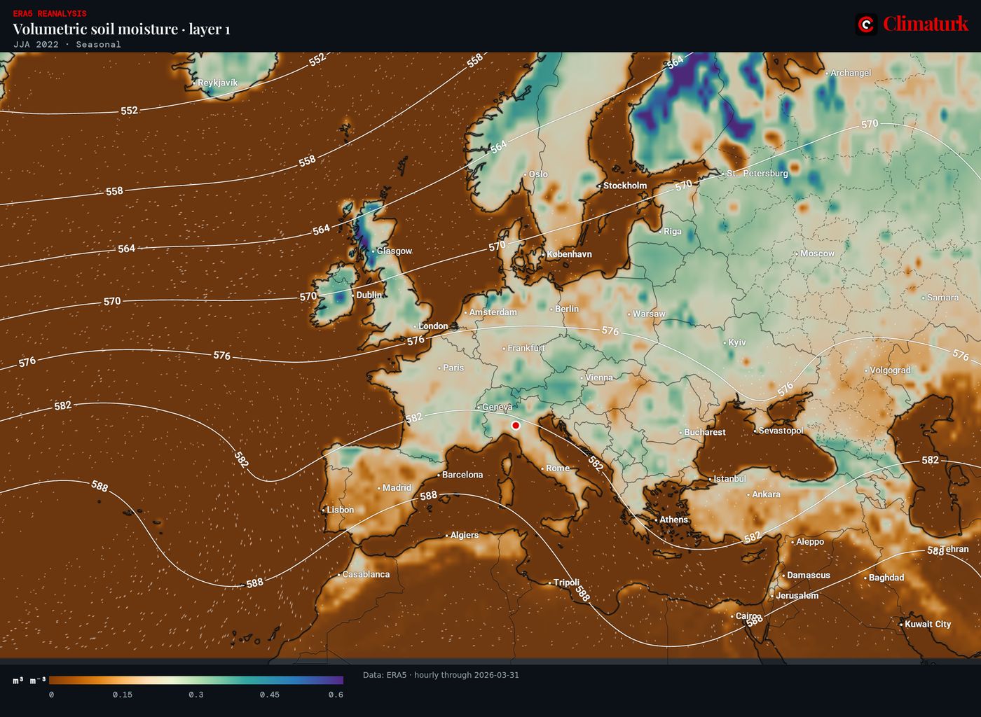 Map of Europe: ERA5 soil moisture for June to August 2022, very low across France, Italy, Spain and central Europe.