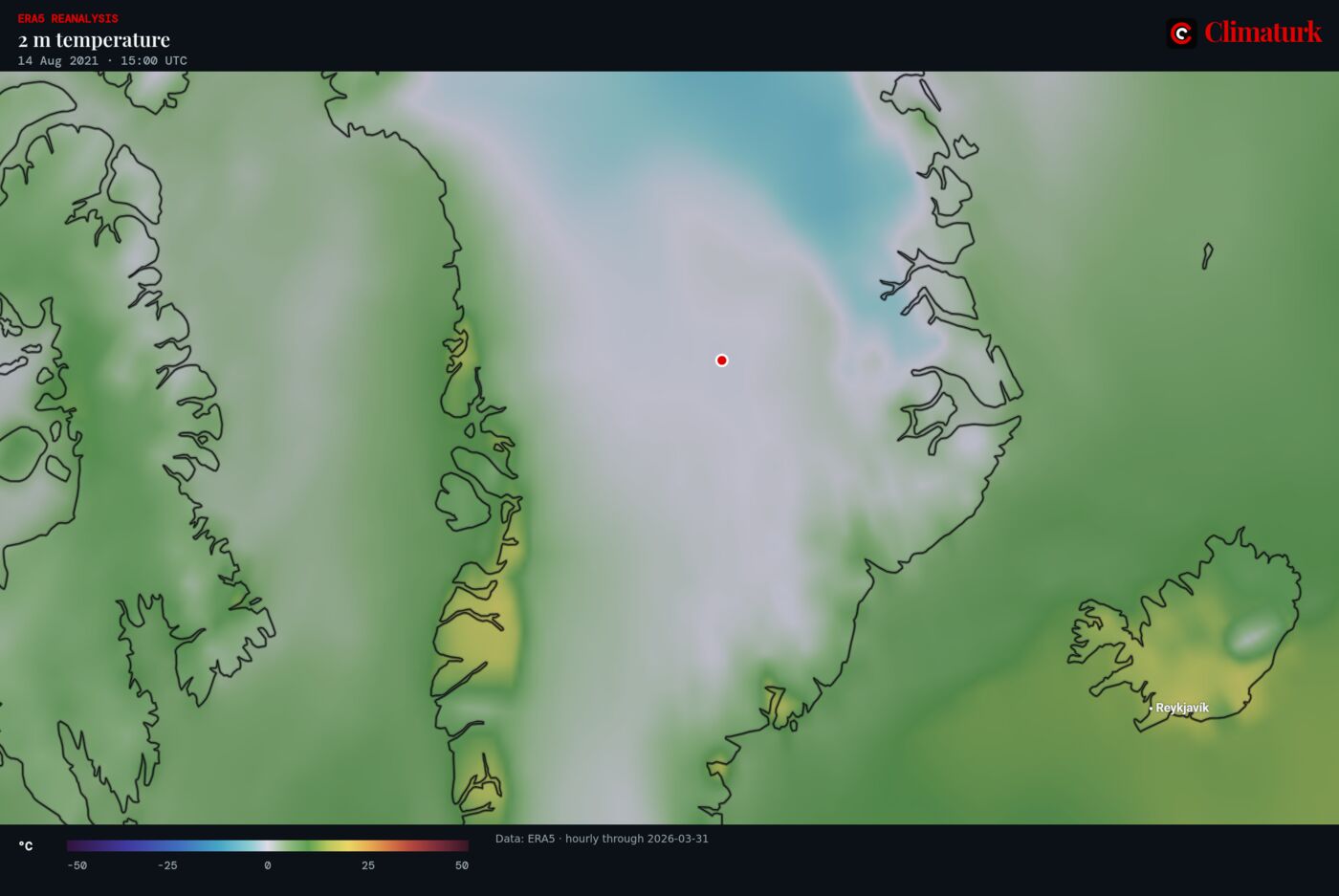 ERA5 2 m temperature over Greenland, 14 August 2021 15 UTC