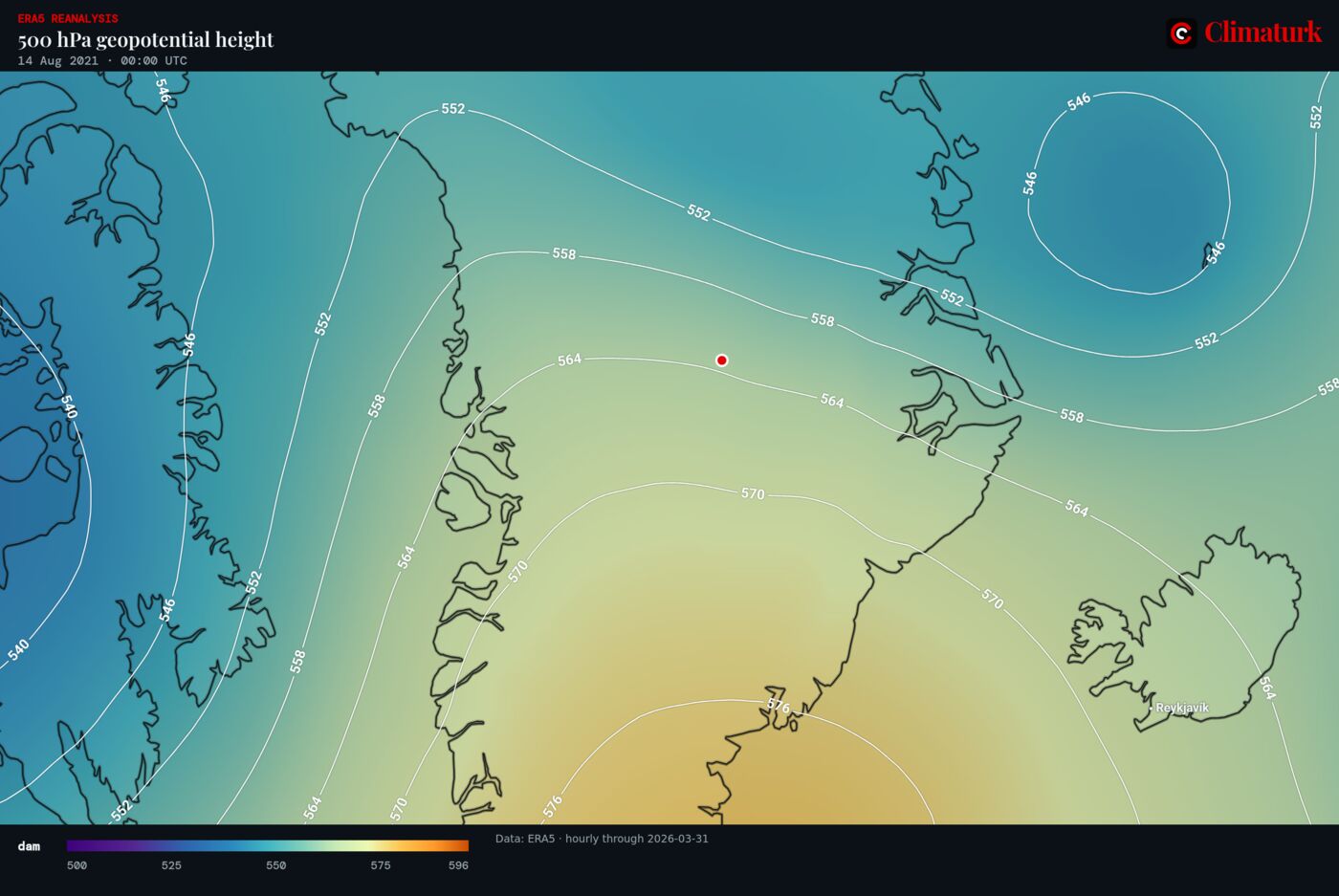 ERA5 500 hPa geopotential height over Greenland, 14 August 2021 00 UTC
