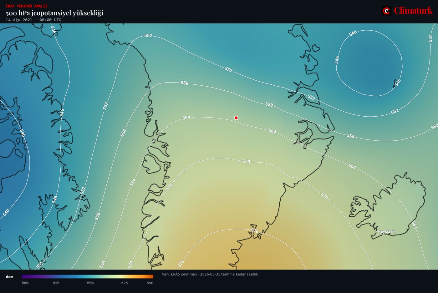Grönland üzerinde ERA5 500 hPa jeopotansiyel yüksekliği, 14 Ağustos 2021 00 UTC