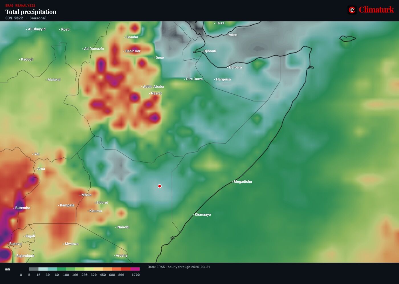 Map of the Horn of Africa: ERA5 precipitation totals for September to November 2022, with less than 30 mm over north-eastern Kenya and southern Somalia.