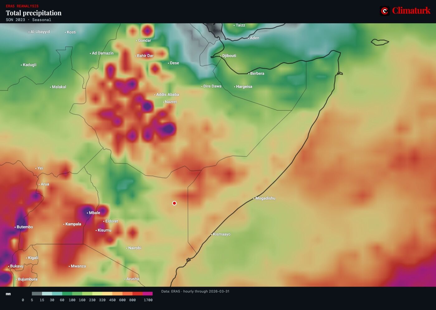 ERA5 precipitation totals over the Horn of Africa, September to November 2023