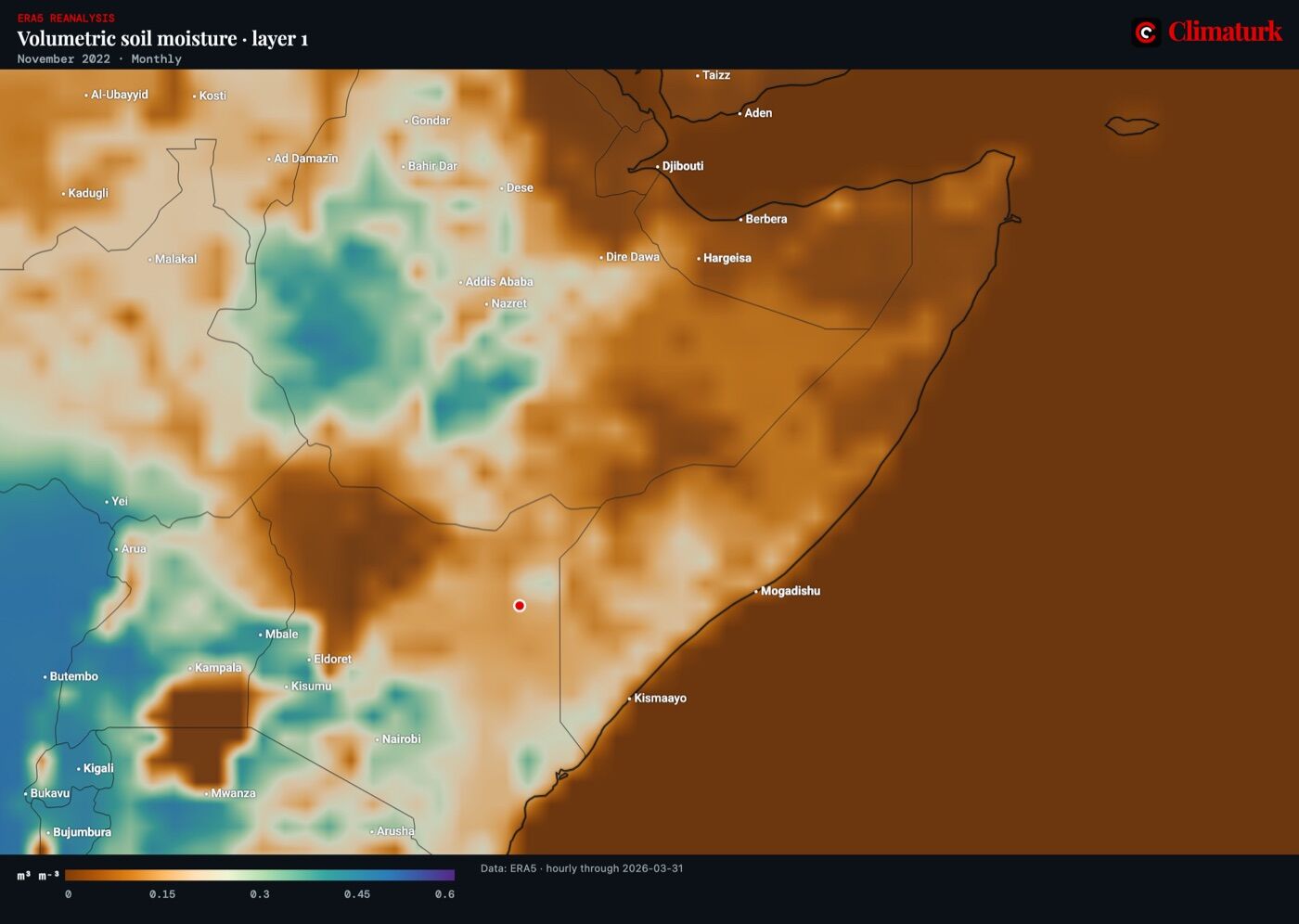 ERA5 volumetric soil moisture of the top layer over the Horn of Africa, November 2022