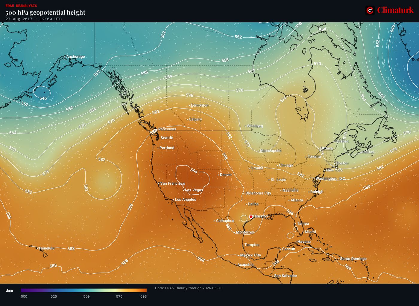 ERA5 500 hPa geopotential height and wind over North America, 27 August 2017 12 UTC