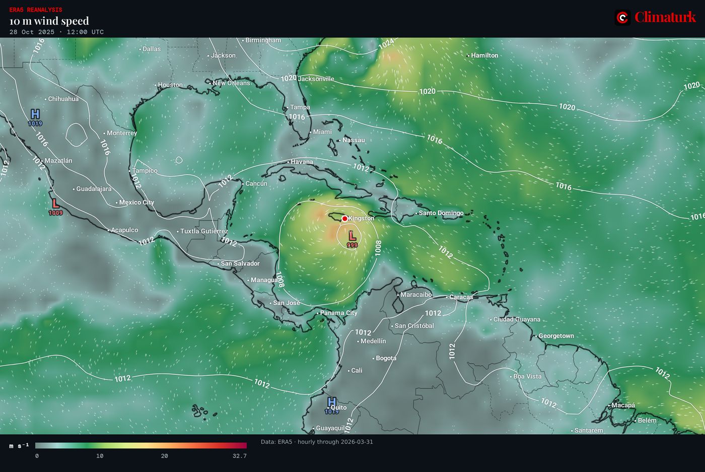 Map of the Caribbean around Jamaica: ERA5 10 m wind and sea-level pressure on 28 October 2025 at 12 UTC, with the hurricane just south-west of Jamaica.