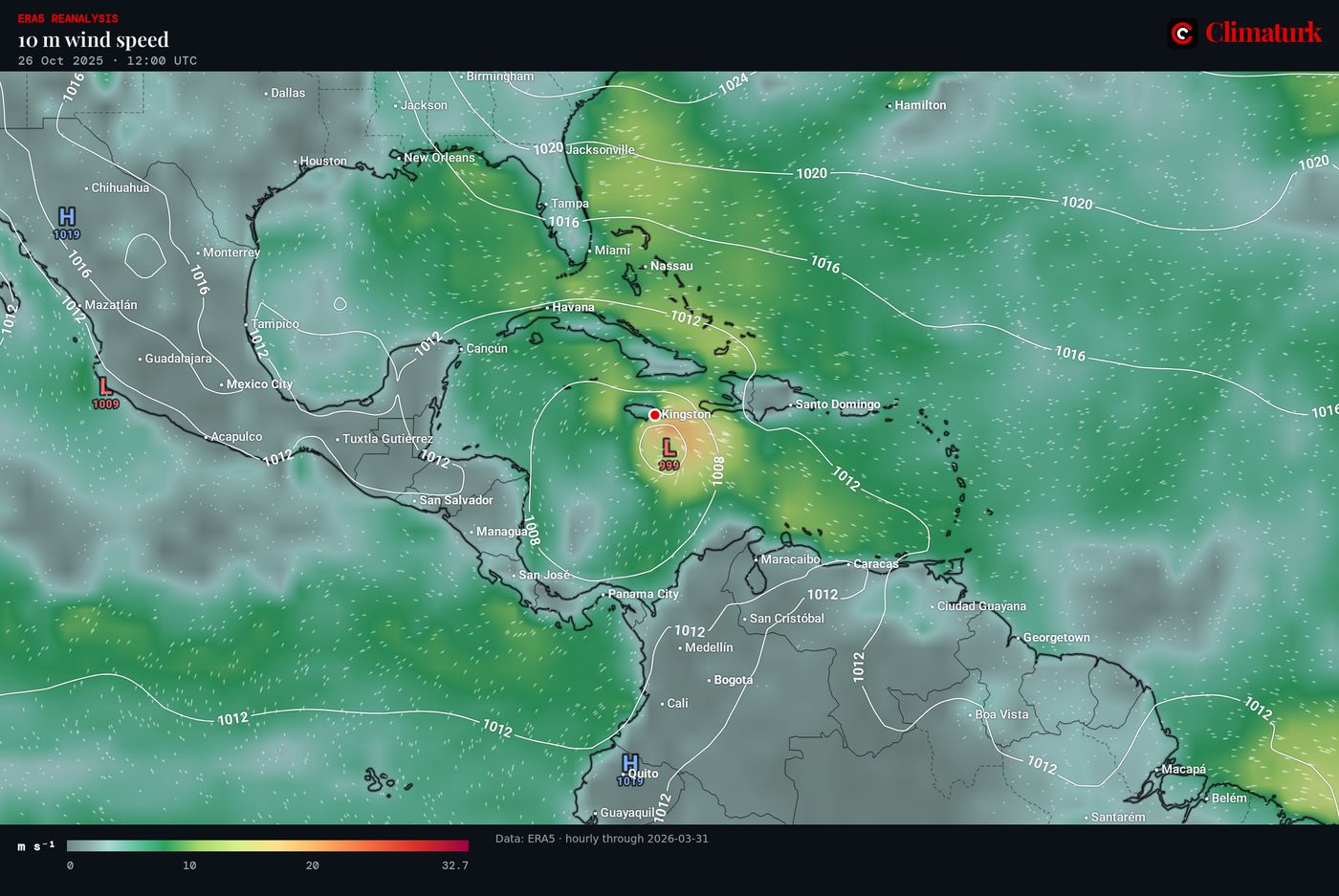 ERA5 10 m wind and sea-level pressure around Jamaica, 26 October 2025 12 UTC