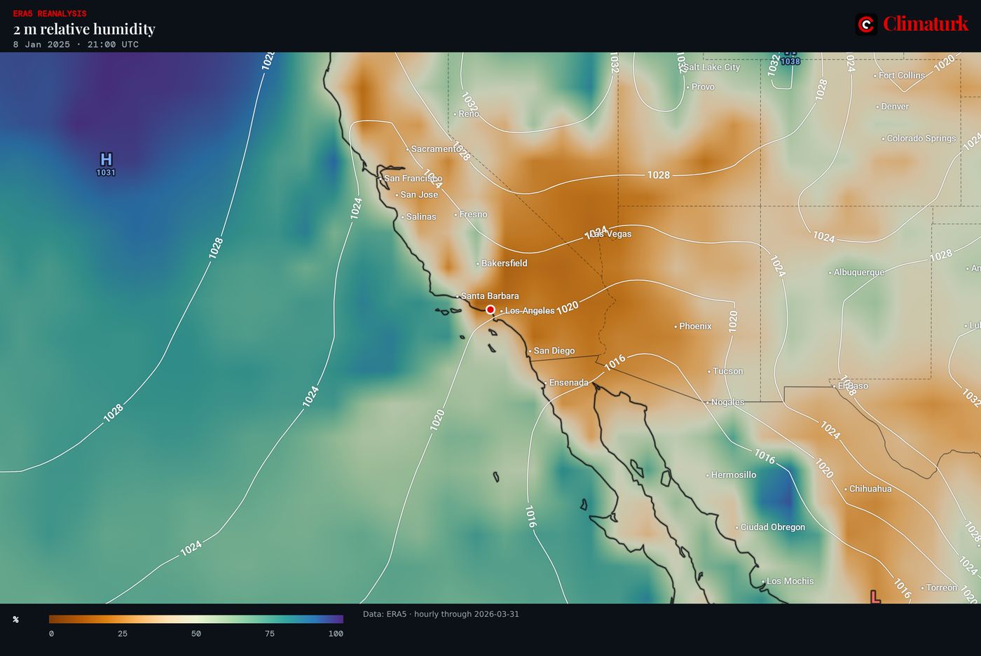ERA5 2 m relative humidity over southern California, 8 January 2025 21 UTC