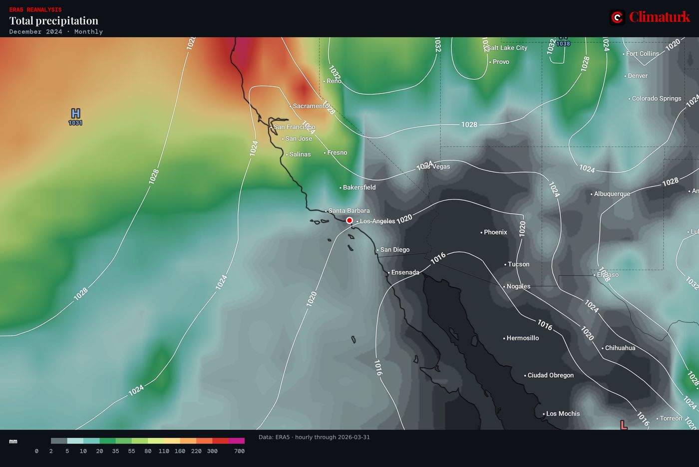 ERA5 precipitation over southern California, December 2024