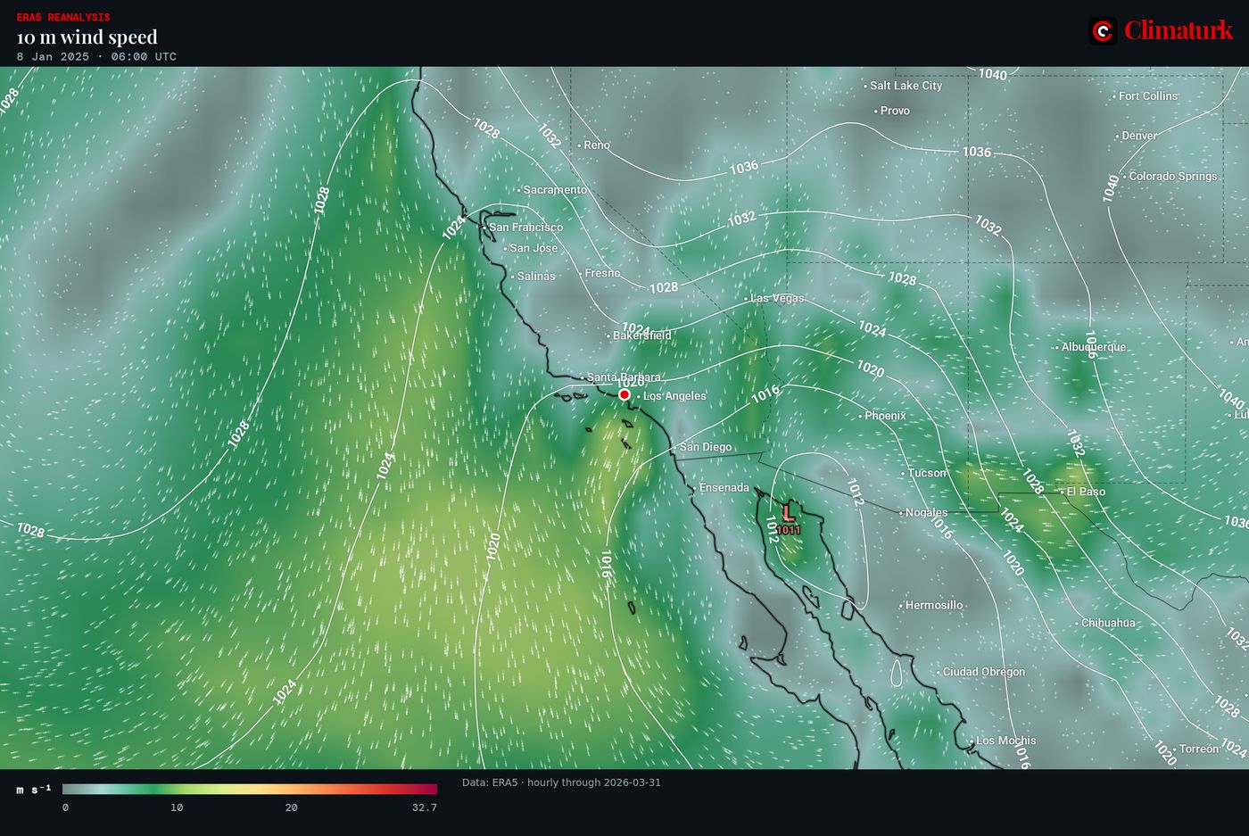 Map of southern California: ERA5 10 m wind and sea-level pressure on 8 January 2025 at 06 UTC, with north-easterly winds blowing from the desert to the coast.