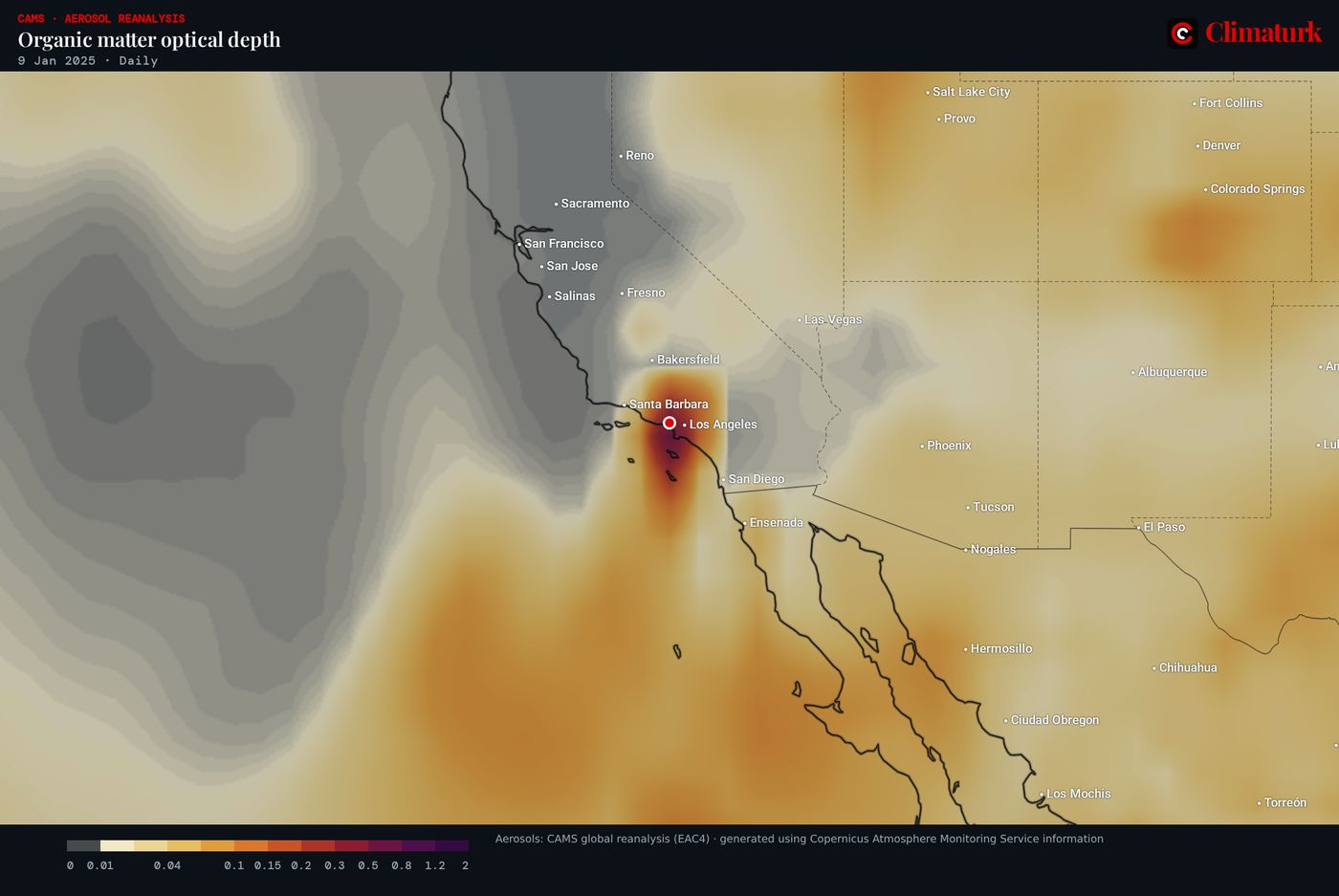 CAMS organic matter optical depth over southern California, 9 January 2025