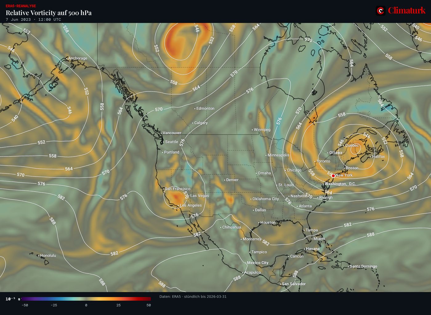 ERA5 relative Vorticity und Geopotential in 500 hPa, 7. Juni 2023 12 UTC