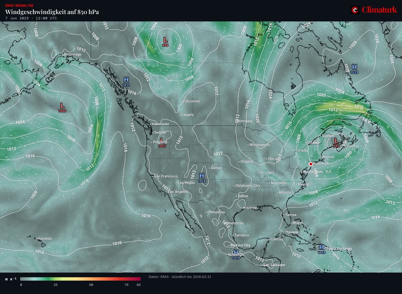 ERA5 Wind in 850 hPa mit Bodendruck, 7. Juni 2023 12 UTC