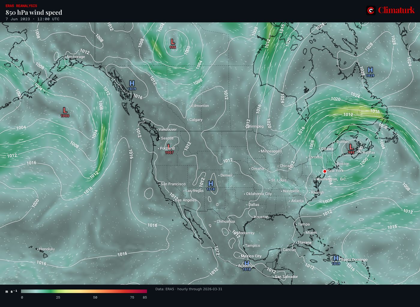 ERA5 850 hPa wind with sea-level pressure, 7 June 2023 12 UTC