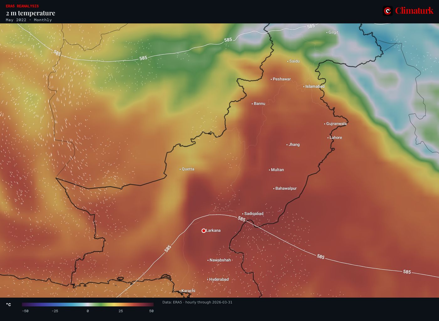 ERA5 2 m temperature over Pakistan, May 2022 mean
