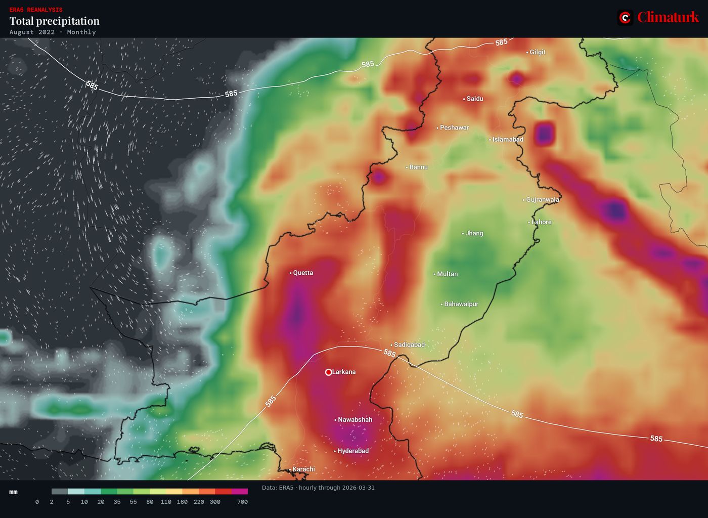 Map of Pakistan: ERA5 precipitation in August 2022, with the heaviest totals over Sindh and eastern Balochistan.